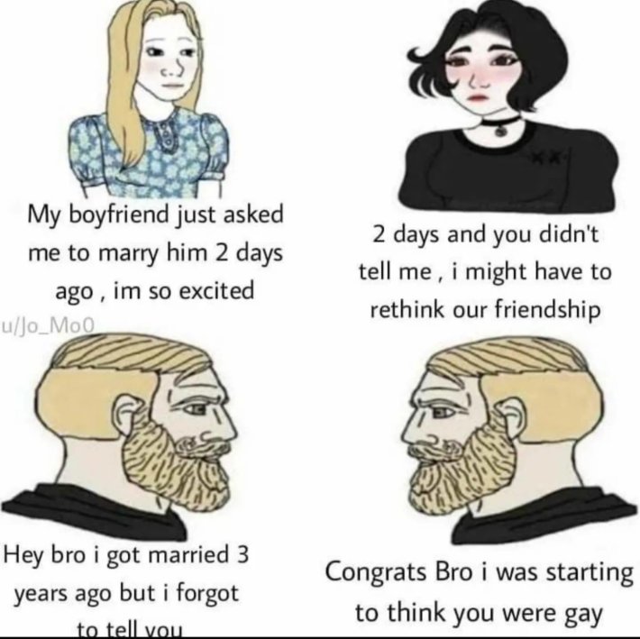 Trad Wife meme comparing men's and women's friendships.