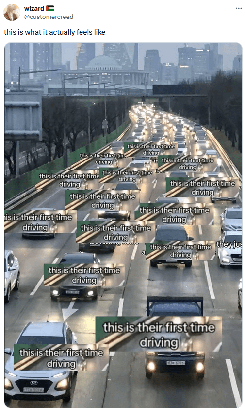 Traffic meme parody with all cars labeled "this is their first time driving."