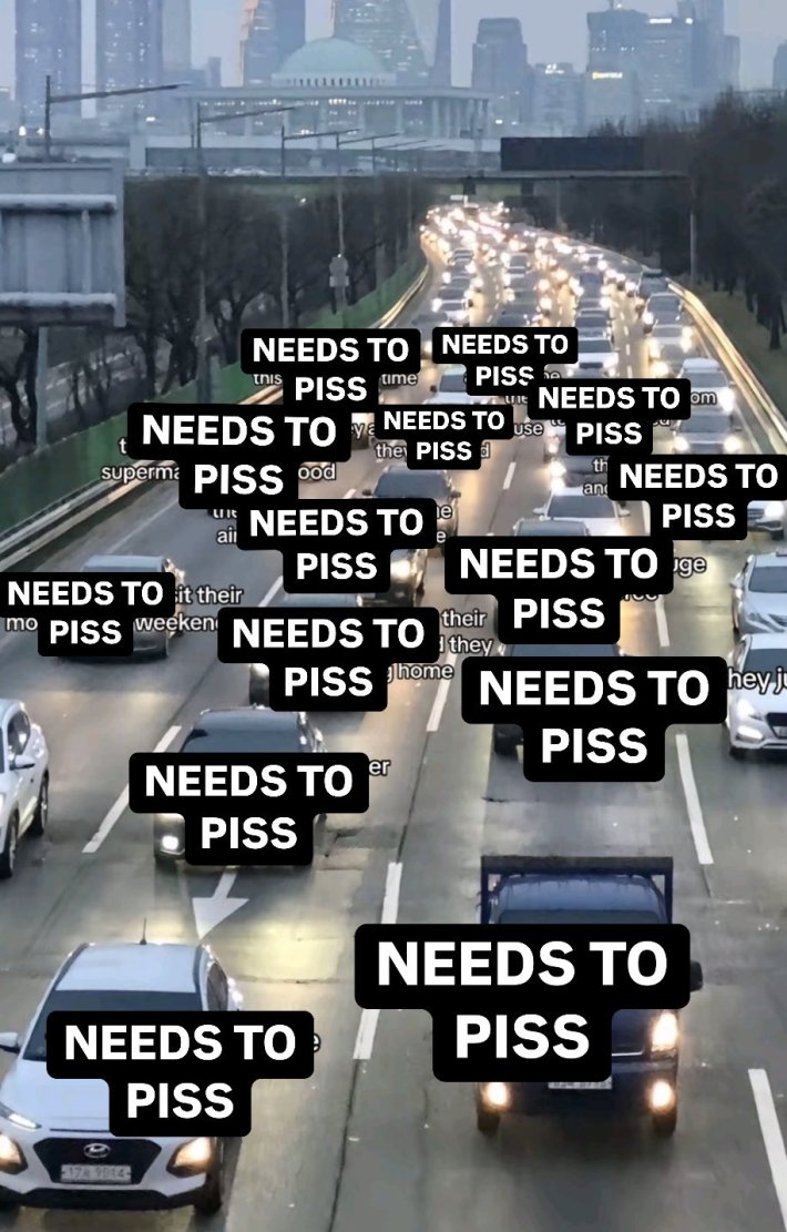 Traffic meme parody with all cars labeled "NEEDS TO PISS."