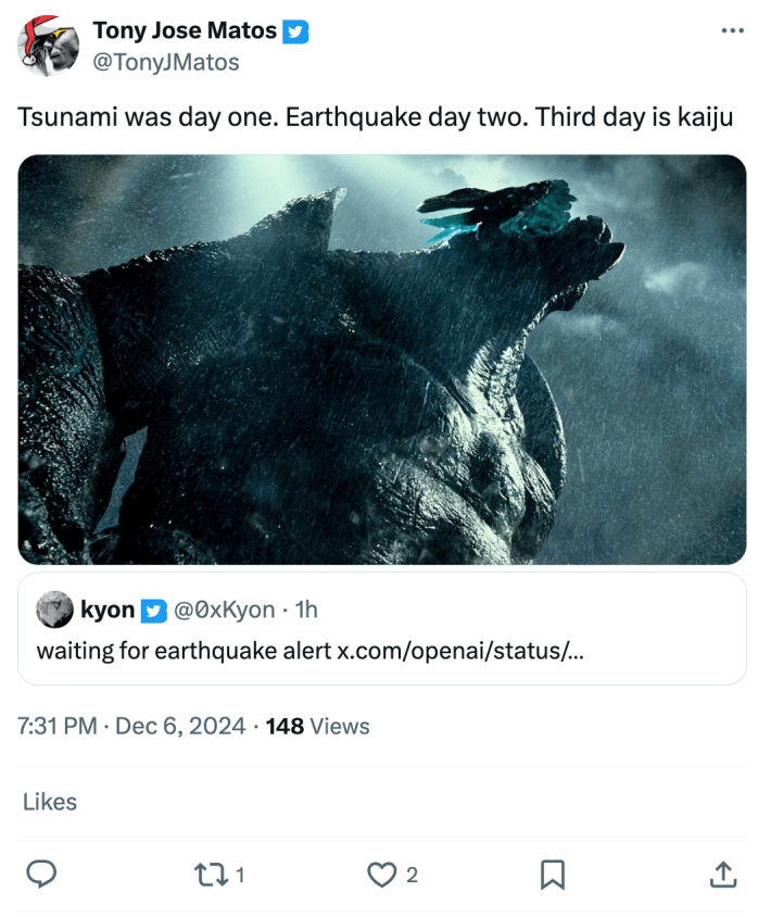 Tweet that reads, "Tsunami was day one. Earthquake day two. Third day is kaiju" with a photo of a Kaiju from what is likely a Godzilla movie.