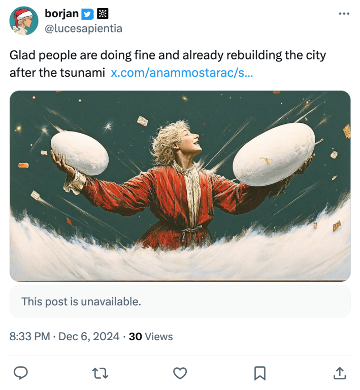 Tweet that reads, "Glad people are doing fine and already rebuilding the city after the tsunami" with an older-style drawing of a young blonde person in a red outfit holding what looks like two giant eggs in their hands.