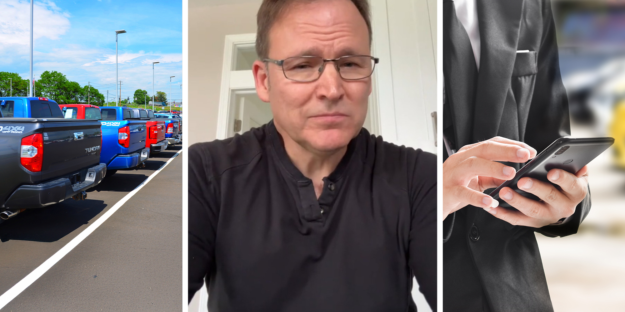 Row of Toyota Tundra (l) Man sharing what happened to him at a dealer(c) Worker at dealer sending a text(r)