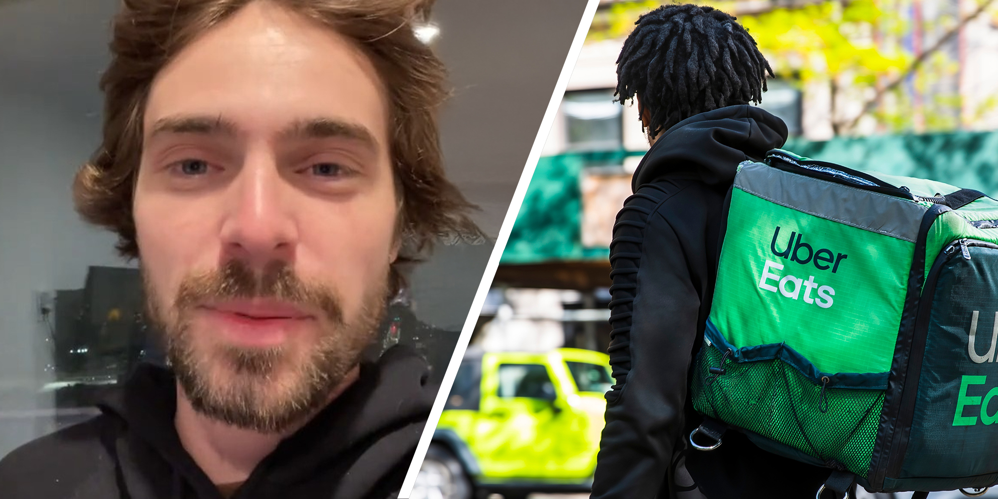 man sharing on tiktok experience with uber eats delivery(l) Man with Uber Eats delivery bag(r)