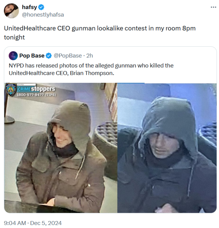 Tweet reading "UnitedHealthcare CEO gunman lookalike contest in my room 8pm tonight."