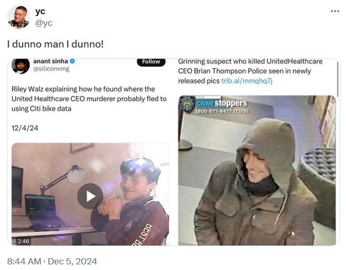 Tweet with screenshots of other posts about the UHC shooter suspect reading "I dunno man I dunno!"