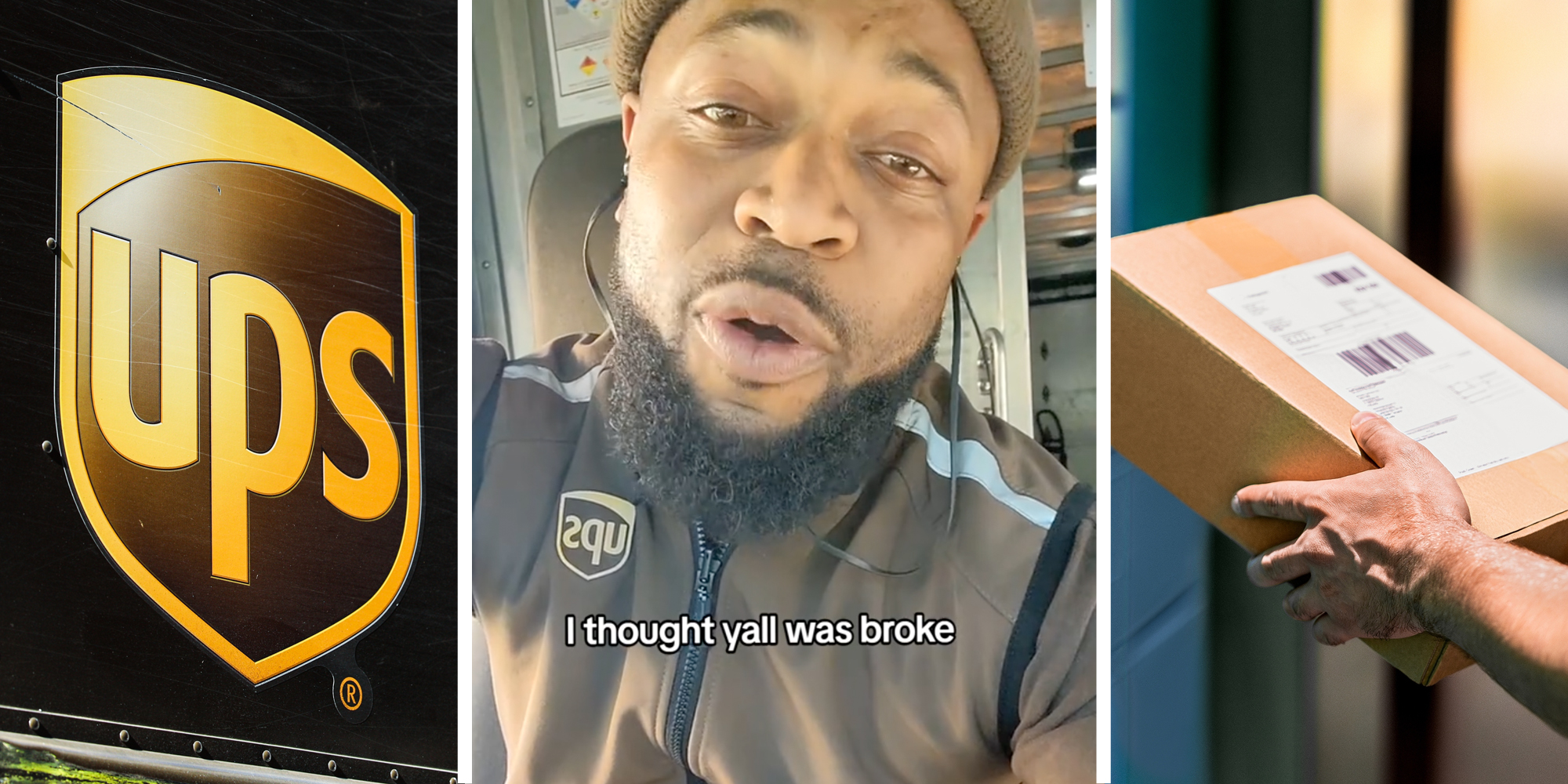 UPS(l), Man talking(c), Hands holding package(r)