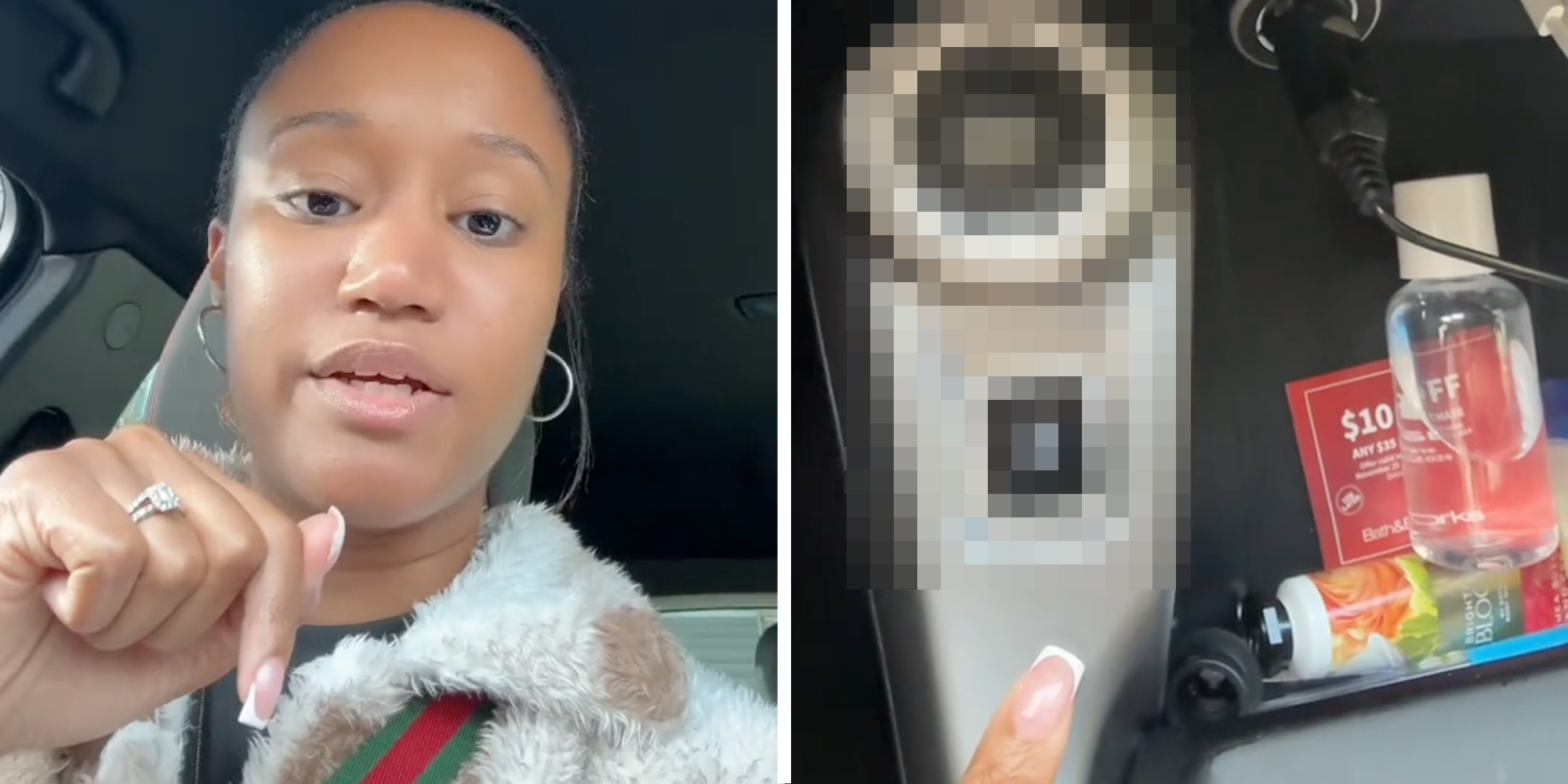 Woman talking(l), Pointing to car interior(r)