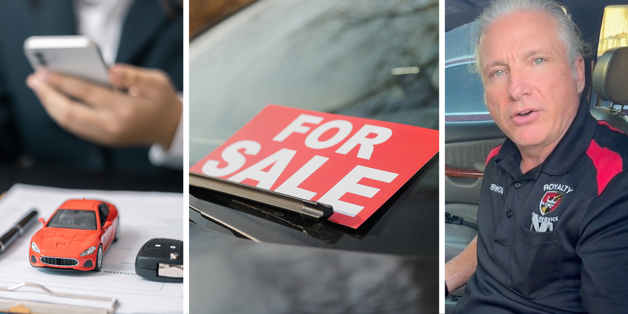 Model Car and Keys(l) For Sale Sign on Car windshield(c) Mechanic sharing tips(r)