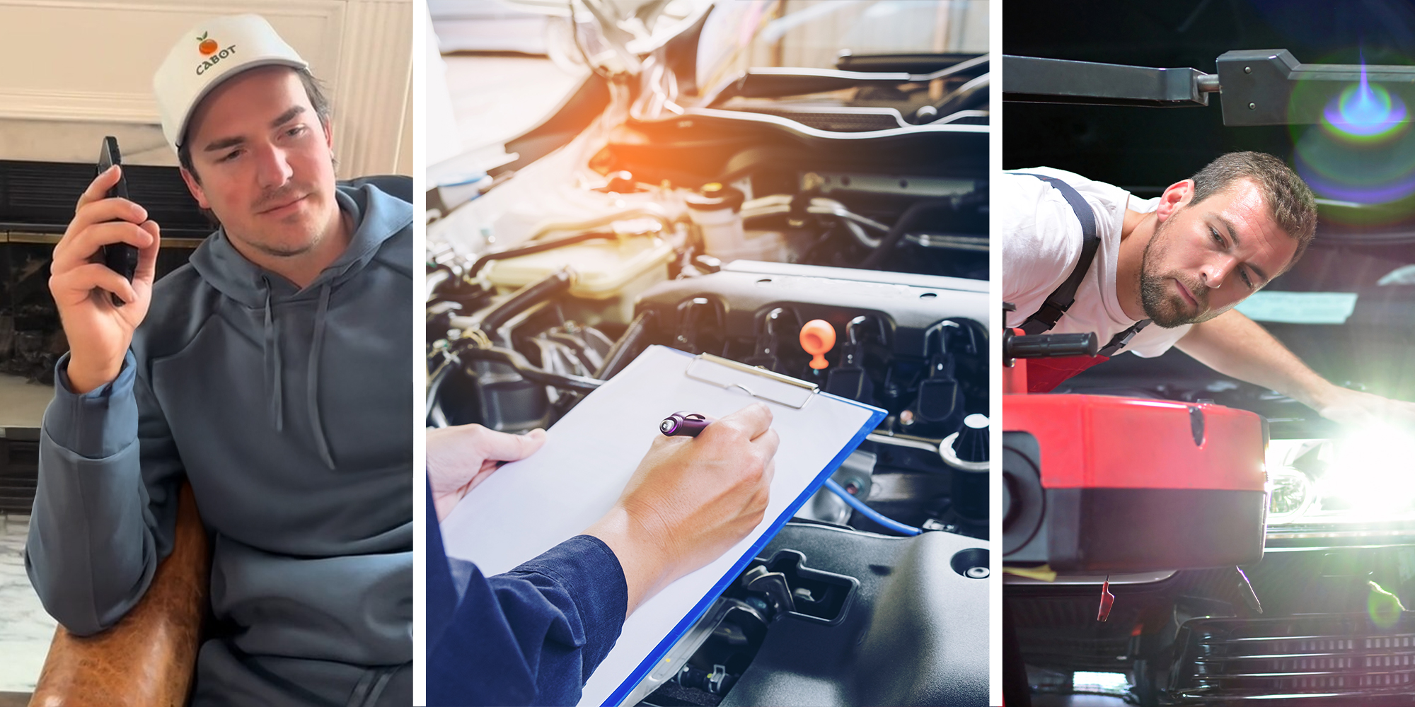Man holding up phone near ear(l) Mechanic filling out form(c) Mechanic setting up headlight(r)