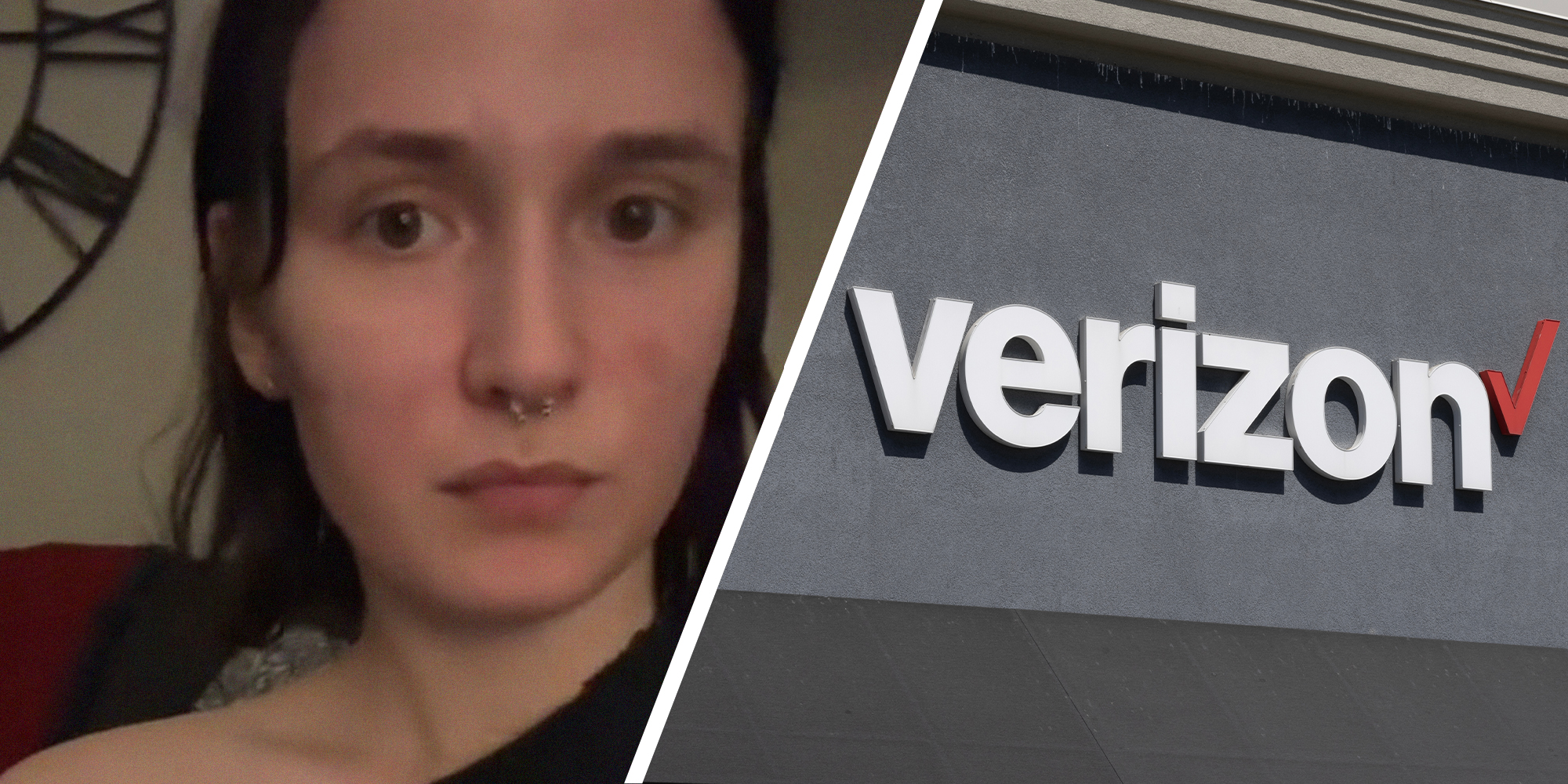 woman sharing her experience with Verizon(l) Verizon Logo brand on building(r)