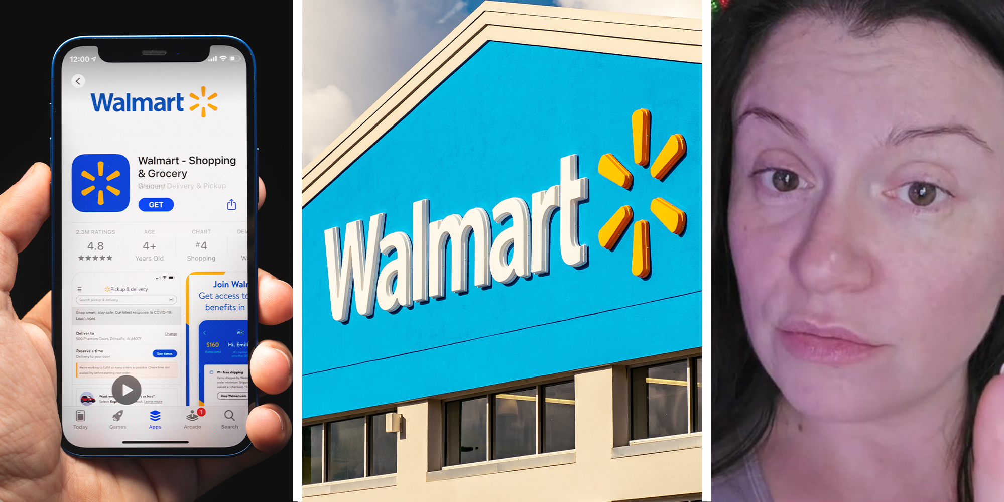 Walmart Phone App(l) Walmart Store Front(c) Woman sharing her experience with walmart app(r)