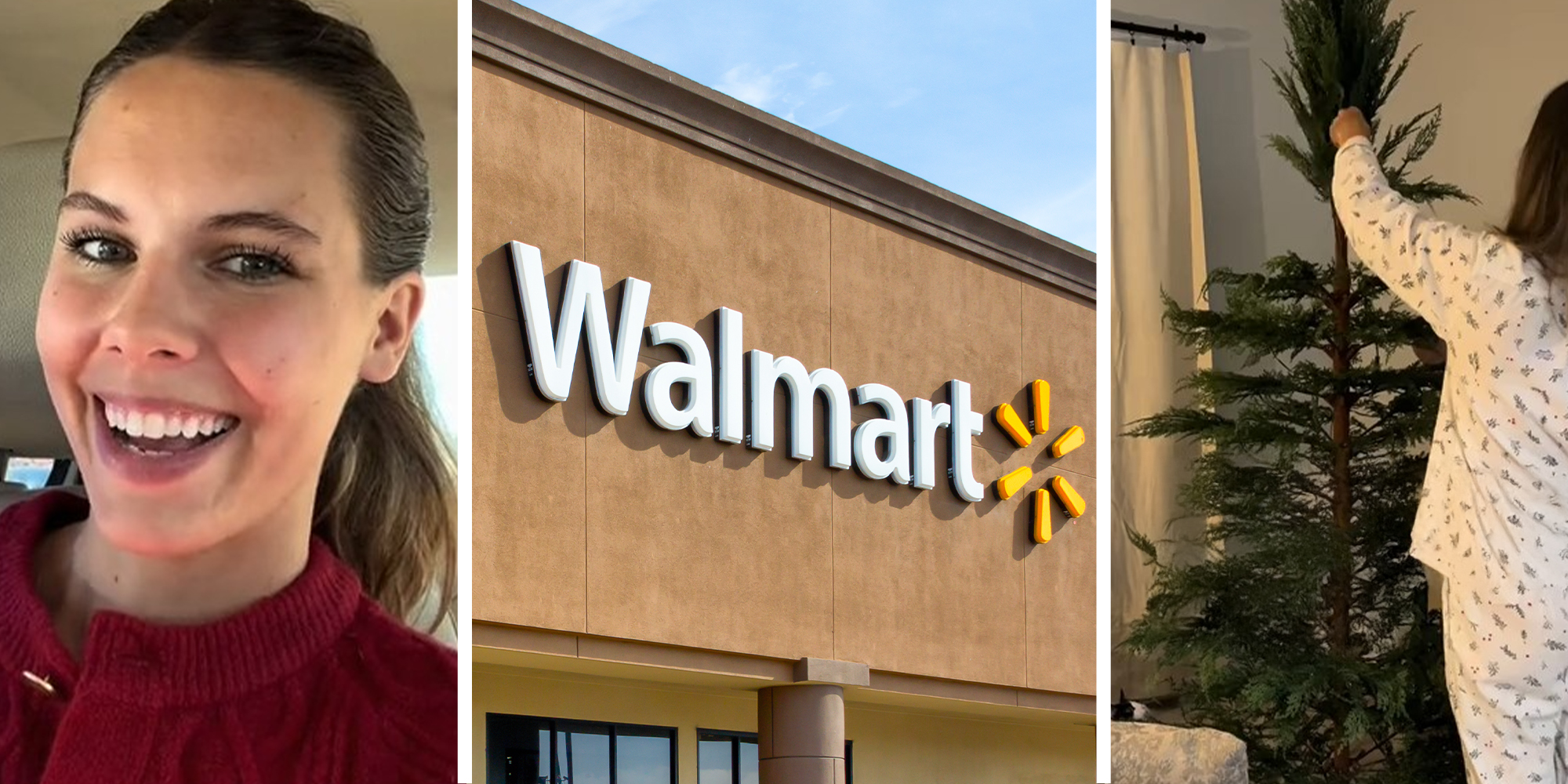 woman sharing her christmas tree purchase(l) Walmart Store Front(c) Woman setting up christmas tree(r)