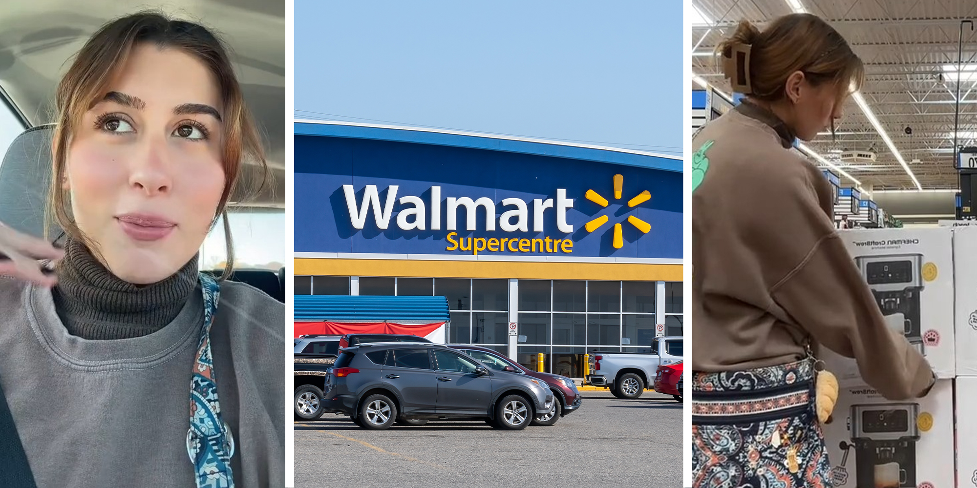 woman goes to walmart to find espresso machine on deal(l) Walmart Store Front(c) Woman picking out espresso machine(r)