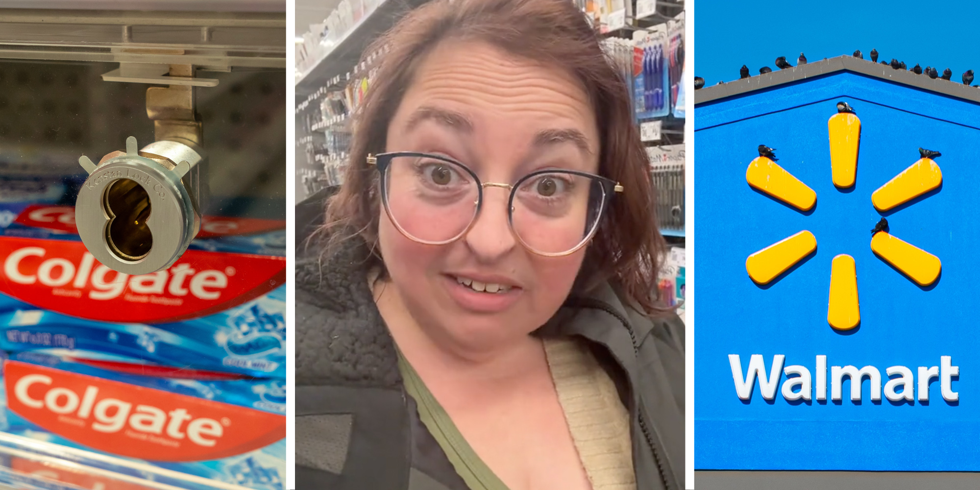 Locked up case(l), Woman talking(c), Walmart sign(r)