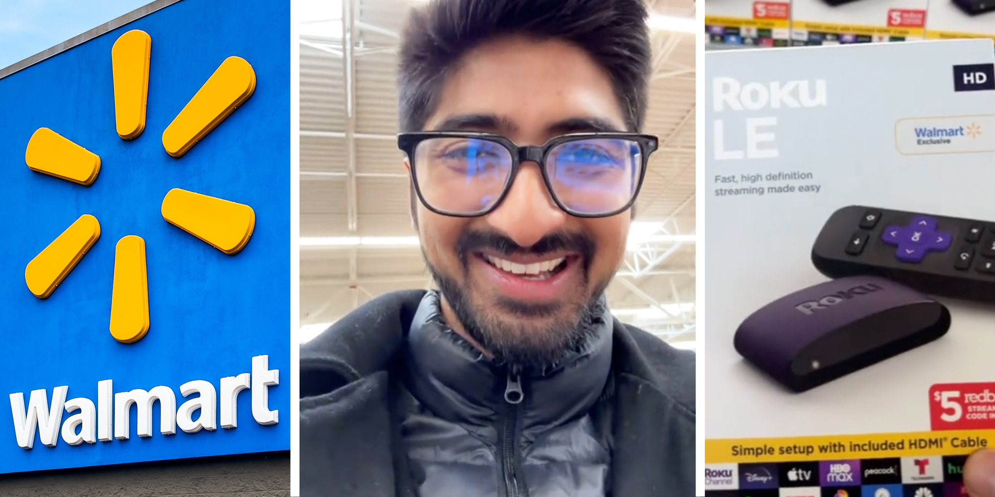 Walmart storefront(l), Man talking(c), Roku box(r)