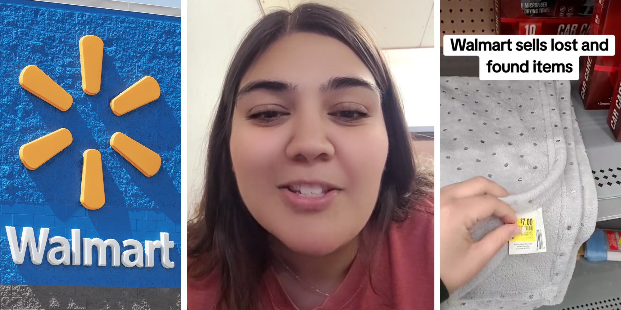 Walmart sign(l), Woman talking(c), Hand showing price tag on blanket with text "walmart sells lost and found items"(r)