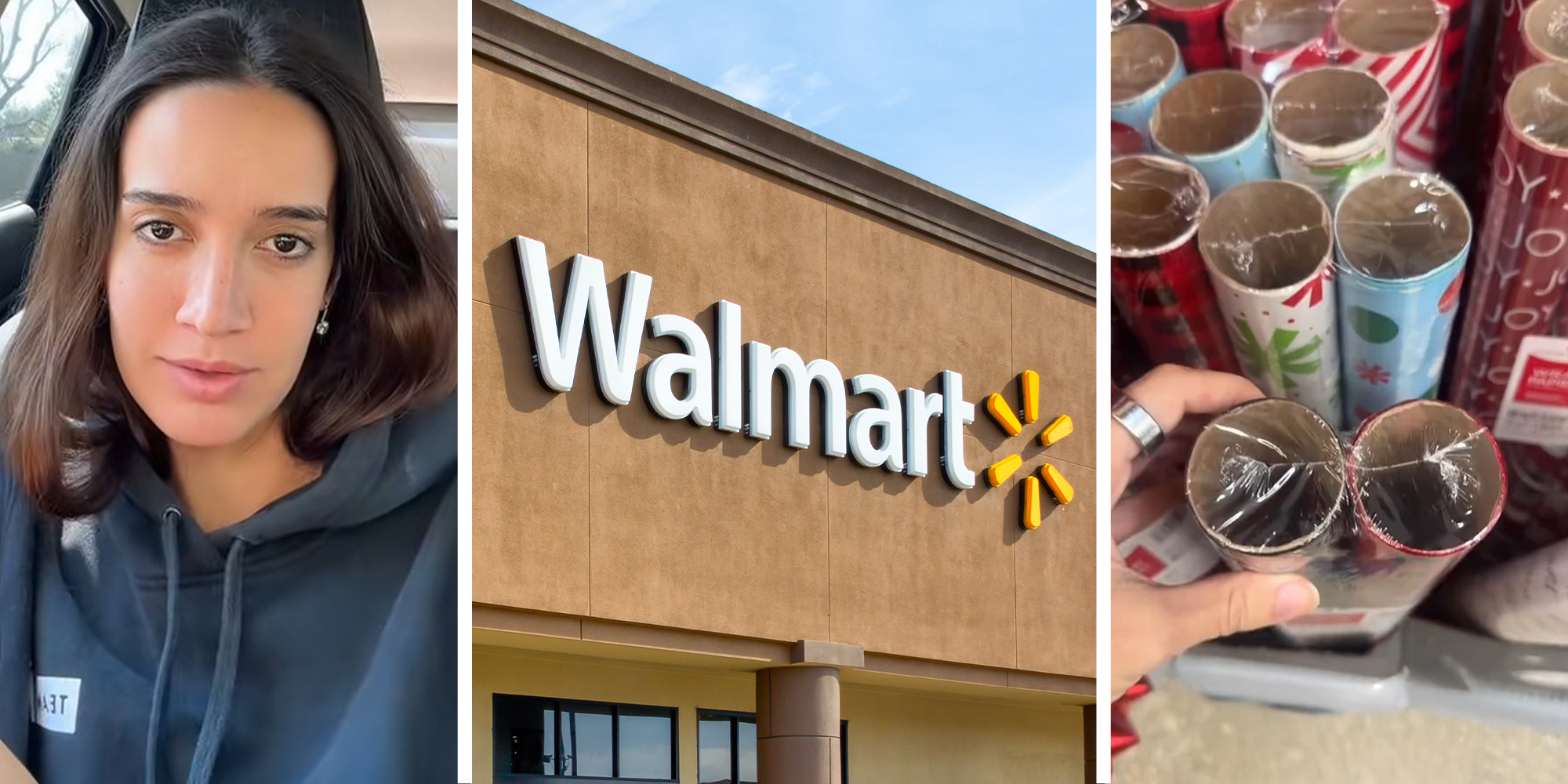 woman sharing what she saw at walmart store(l) walmart store sign on building(c) hand holding roll or wrapping paper(r)