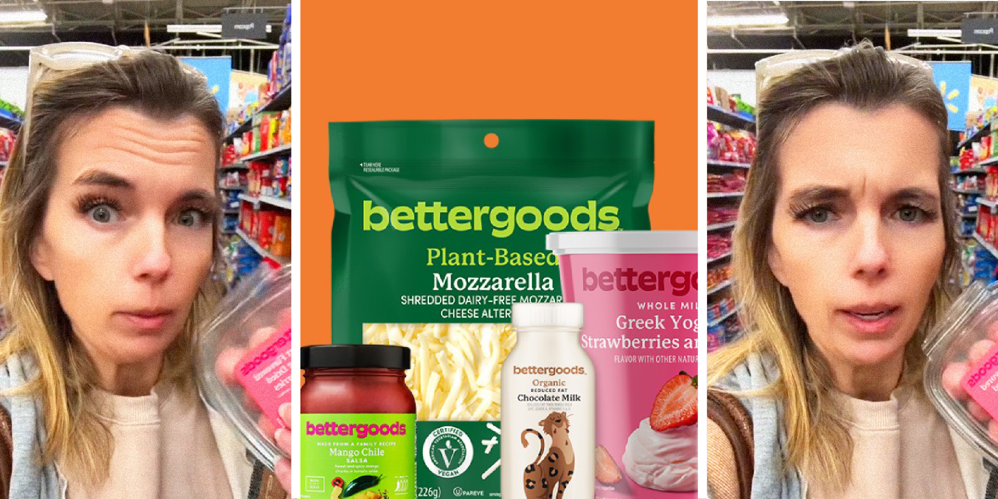 3 panel image. On the sides a woman speaks to camera on a Walmart aisle. In the middle is an assortment of bettergoods products.