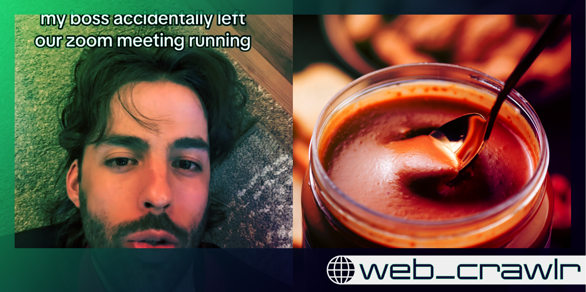 A person looking at the camera next to a jar of peanut butter. The Daily Dot newsletter web_crawlr logo is in the bottom right corner.