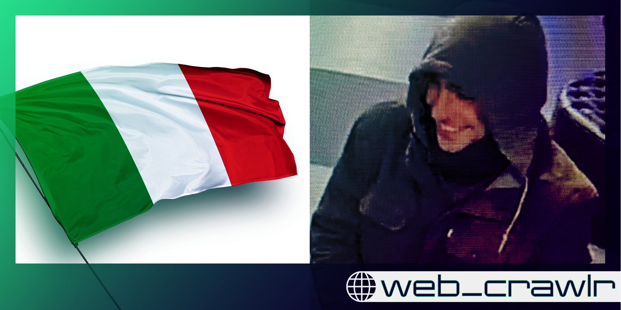 An Italian flag and Luigi Mangione. The Daily Dot newsletter web_crawlr logo is in the bottom right corner.