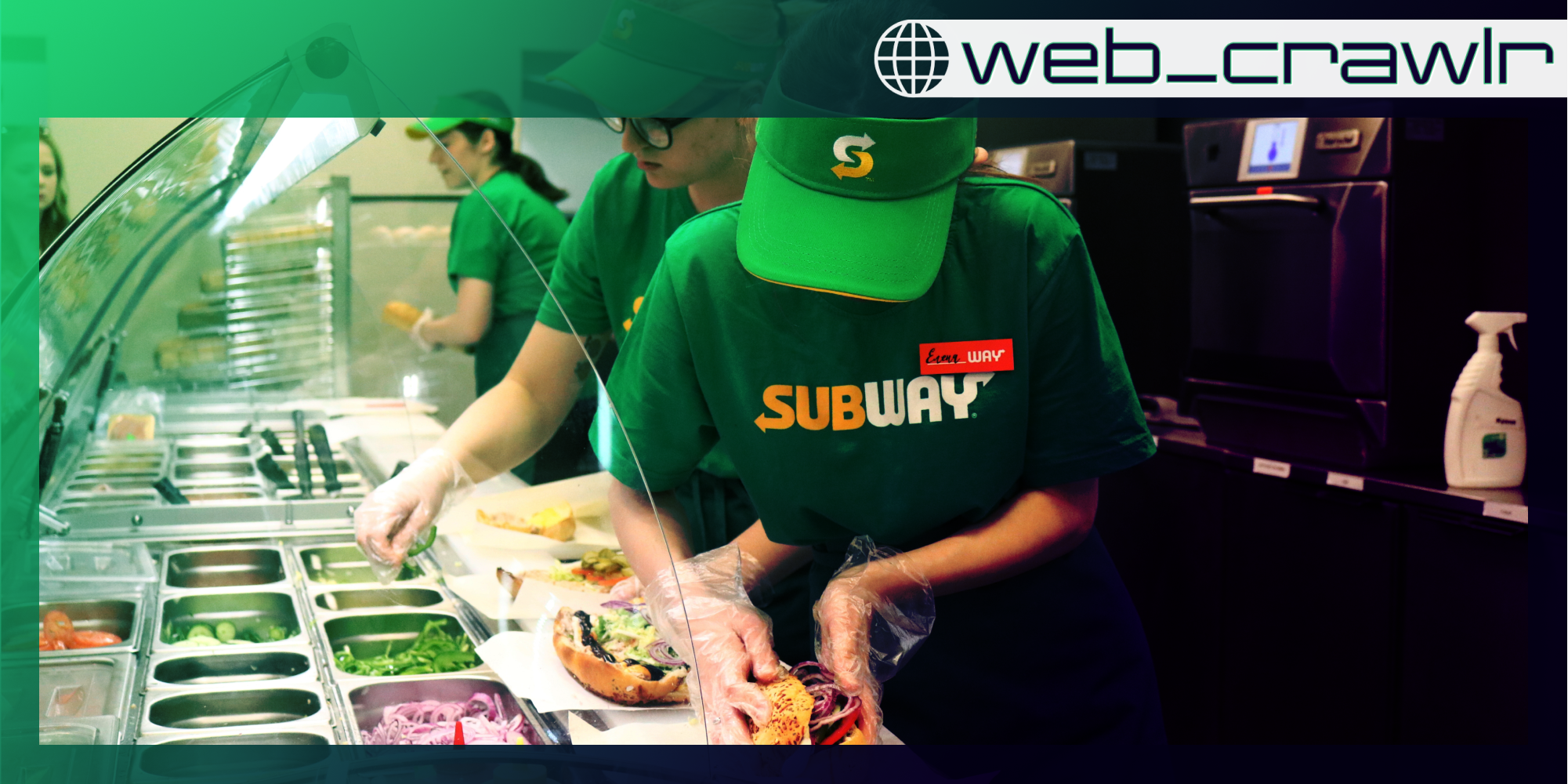 A worker making a Subway sandwich. The Daily Dot newsletter web_crawlr logo is in the top right corner.