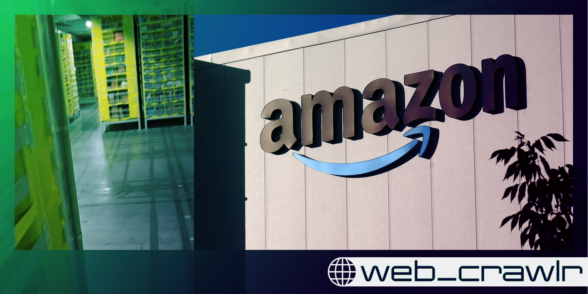 Amazon robots next to an Amazon sign. The Daily Dot newsletter web_crawlr logo is in the bottom right corner.