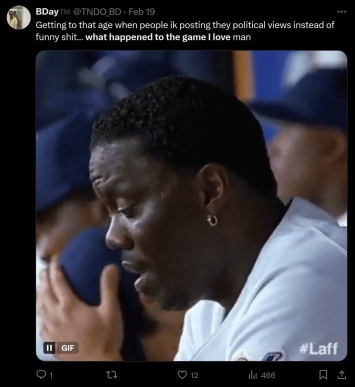 tweet that reads "getting to that age when people ik posting they political views instead of funny shit… what happened to the game I love man"