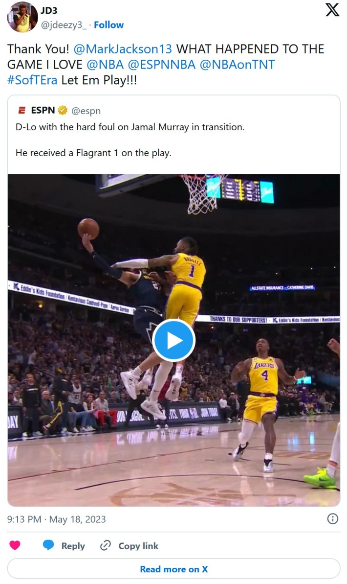 tweet that reads "Thank You! @MarkJackson13 WHAT HAPPENED TO THE GAME I LOVE @NBA @ESPNNBA @NBAonTNT#SofTEra Let Em Play!!!"