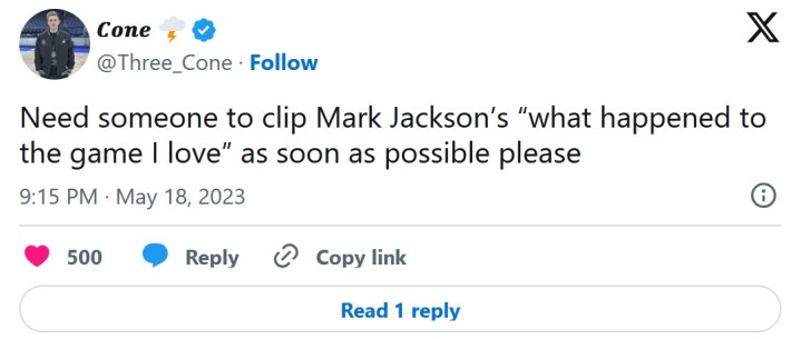 tweet that reads "Need someone to clip Mark Jackson’s 'what happened to the game I love' as soon as possible please"