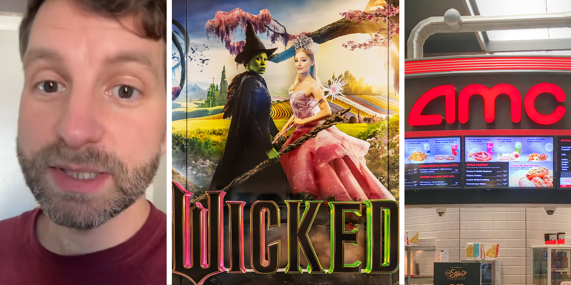 Man shares issues with AMC Drink(l) Wicked Poster(c) AMC sign(r)
