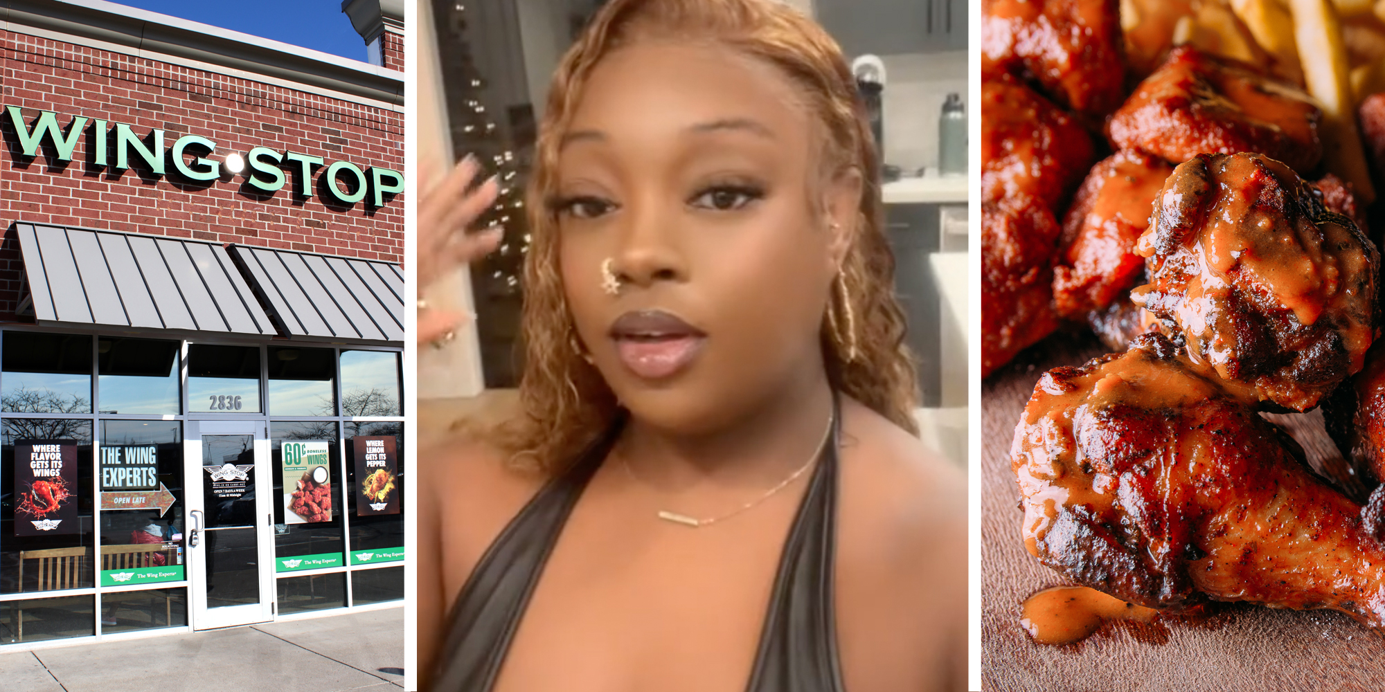 Wingstop(l), Woman talking(C), Hot wings(r)