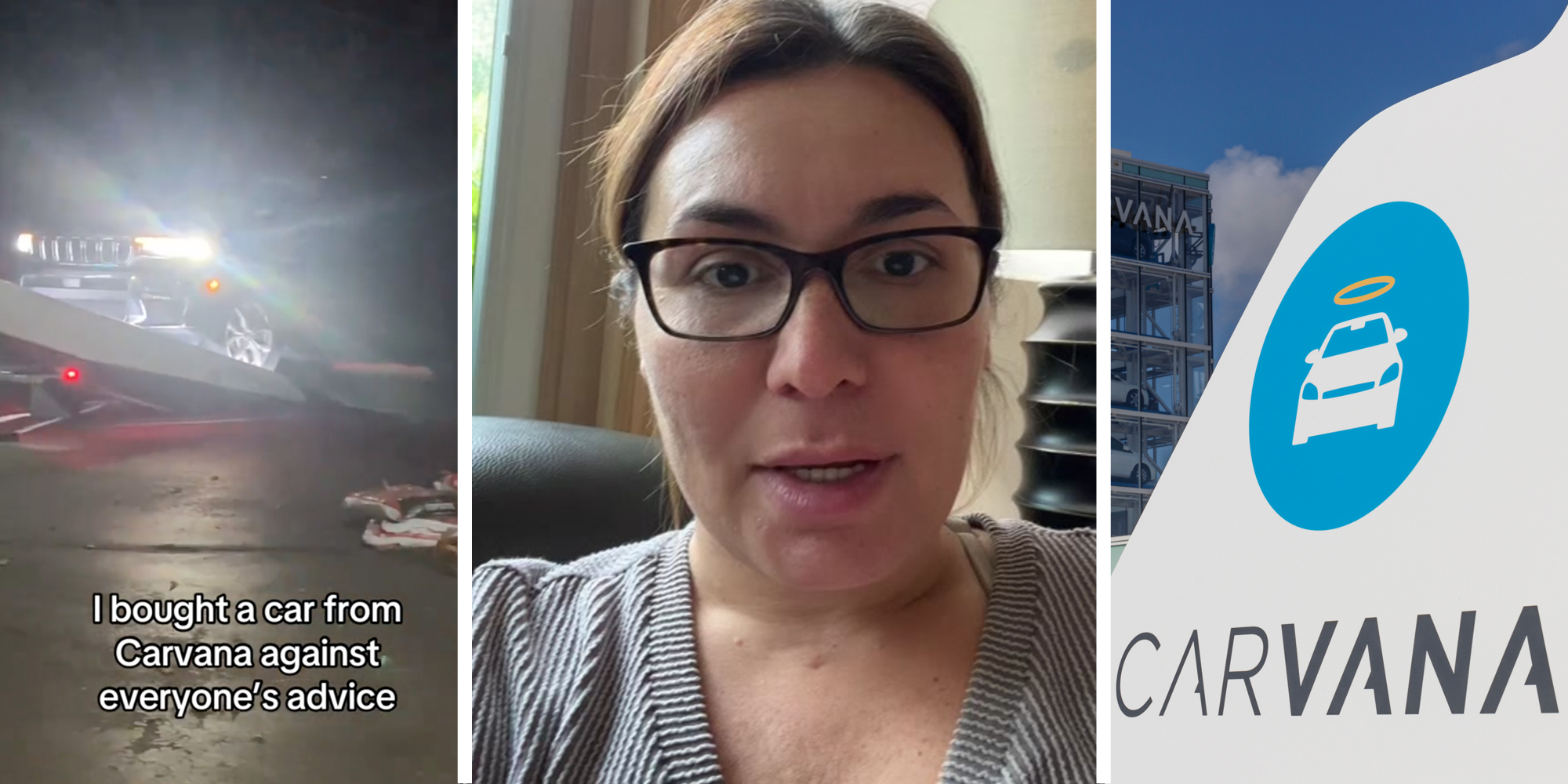 Car(l), Woman talking(c), Carvana sign(r)