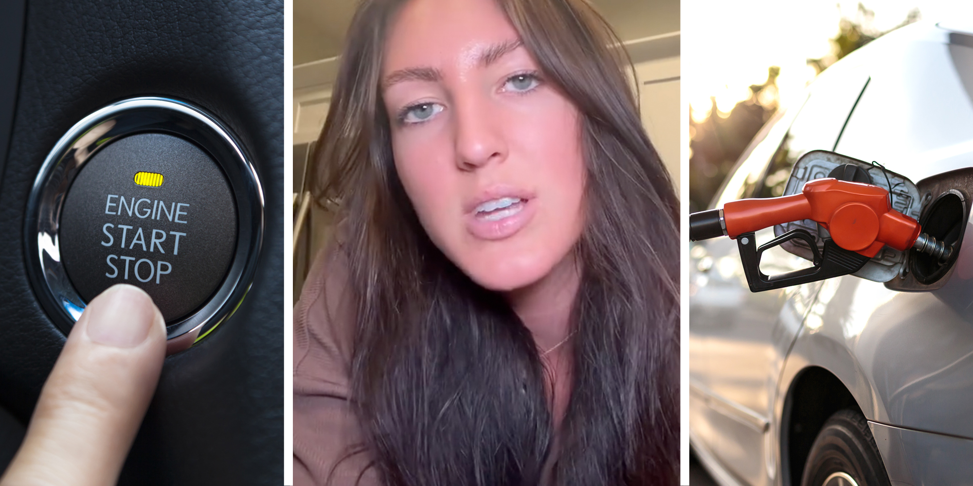 Finger pressing cart start button(l), Woman talking(c), Gas pump in car(r)