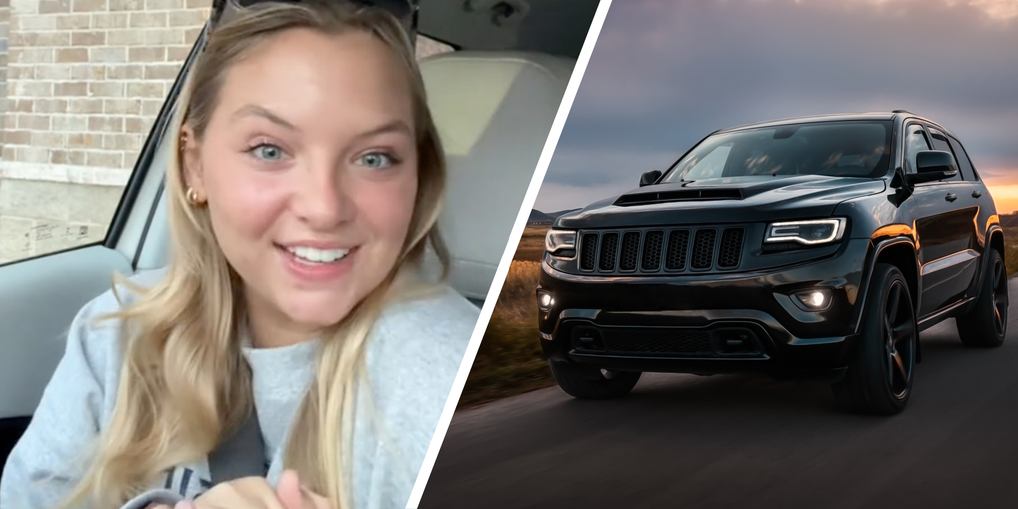 Woman talking(l), Jeep on road(r)