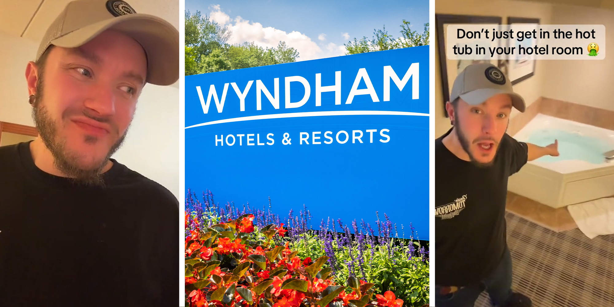 Man looking disgusted(l) Wyndham Hotel Sign(c) Man pointing at Hotel Hot Tub(r)