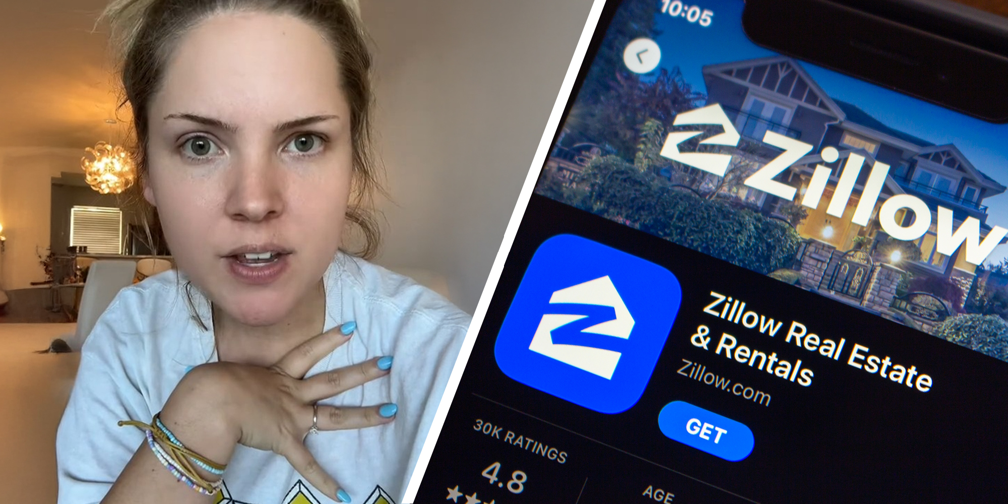 woman looking shocked(l) Zillow App Download(r)