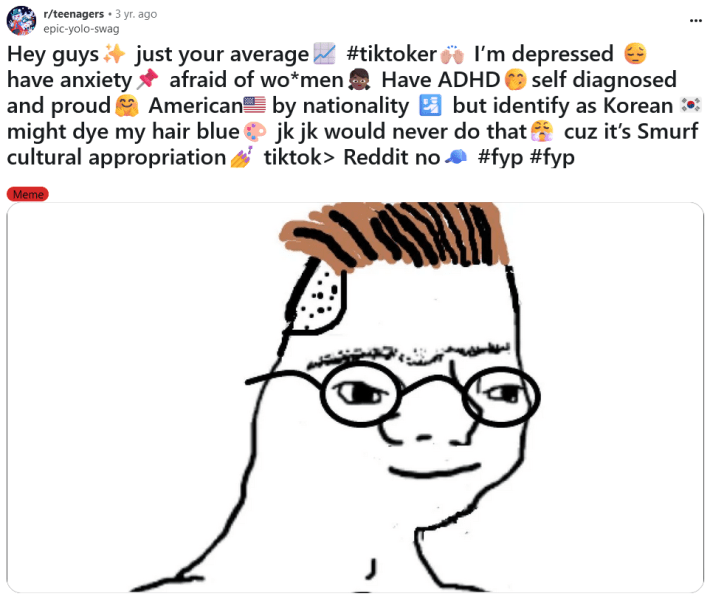 Drawing of a young person in glasses with a shaved sides haircut introducing himself with Gen Z stereotypes.