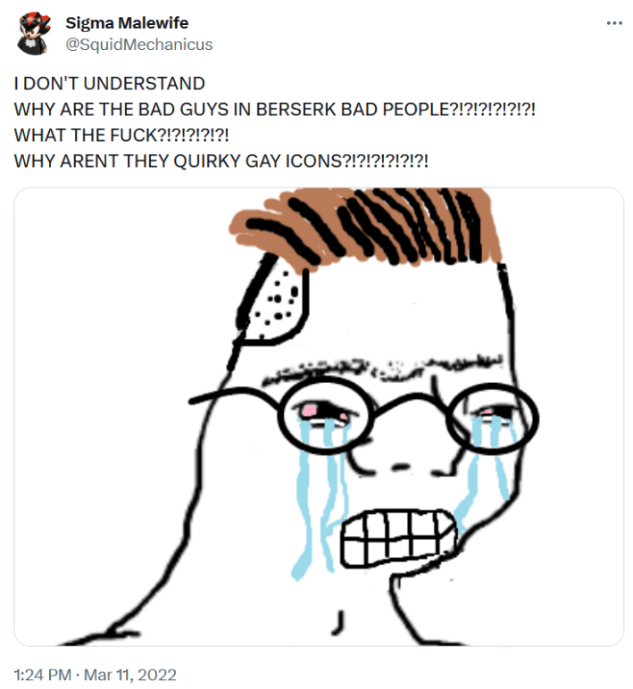 Drawing of a crying Gen Z person yelling about the anime "BERSERK."