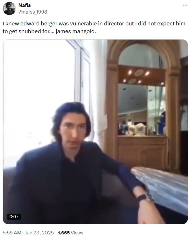 Oscars nominations snubs tweet with a clip of Adam Driver sitting on the couch.