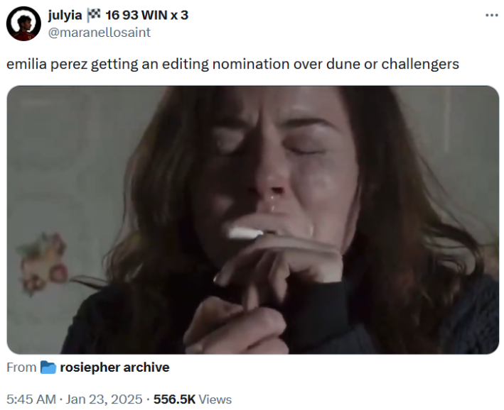 Oscars nominations snubs tweet about Emilia Perez with a gif of a woman crying while lighting a cigarette.