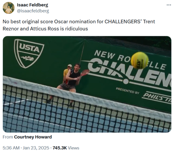 Oscars nominations snubs tweet with a clip of a tennis match scene in Challengers.