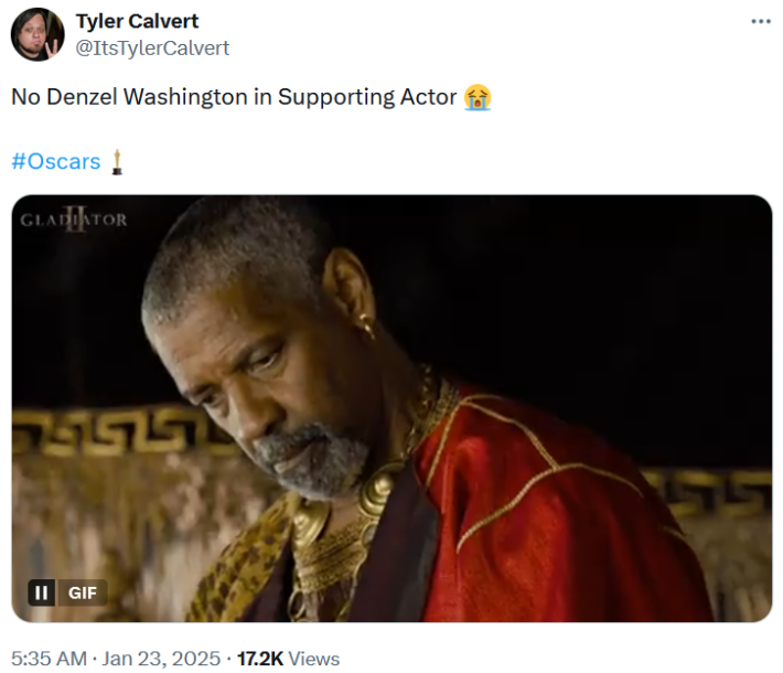 Oscars nominations snubs tweet with a gif of Denzel Washington in Gladiator II.