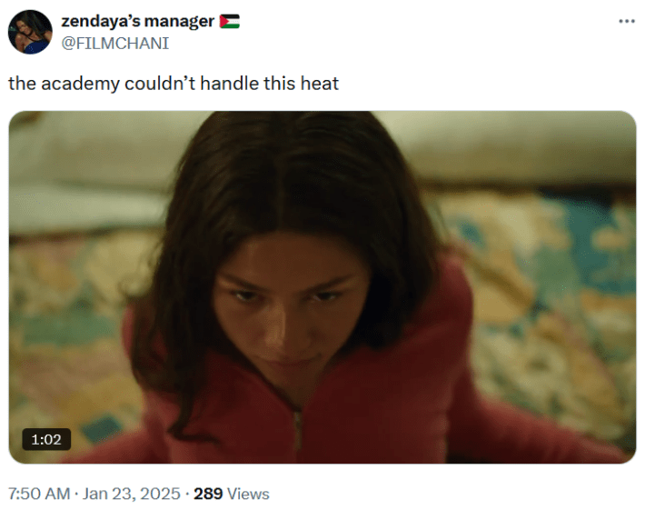 Oscars nominations snubs tweet with a clip of Zendaya leaning back on a bed in Challengers.