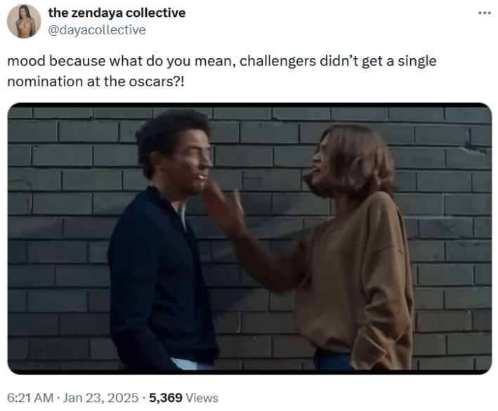 Oscars nominations snubs tweet with a gif of Zendaya slapping a man in Challengers.