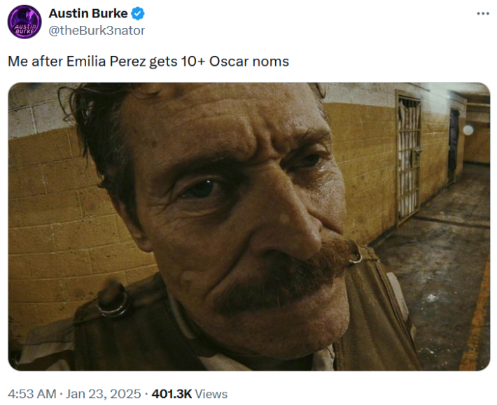 Oscars nominations snubs tweet with a close-up image of a haggard man about Emilia Perez.