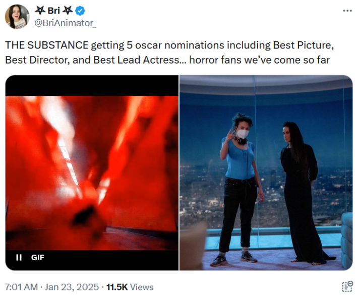 Oscars nominations tweet with images from The Substance.