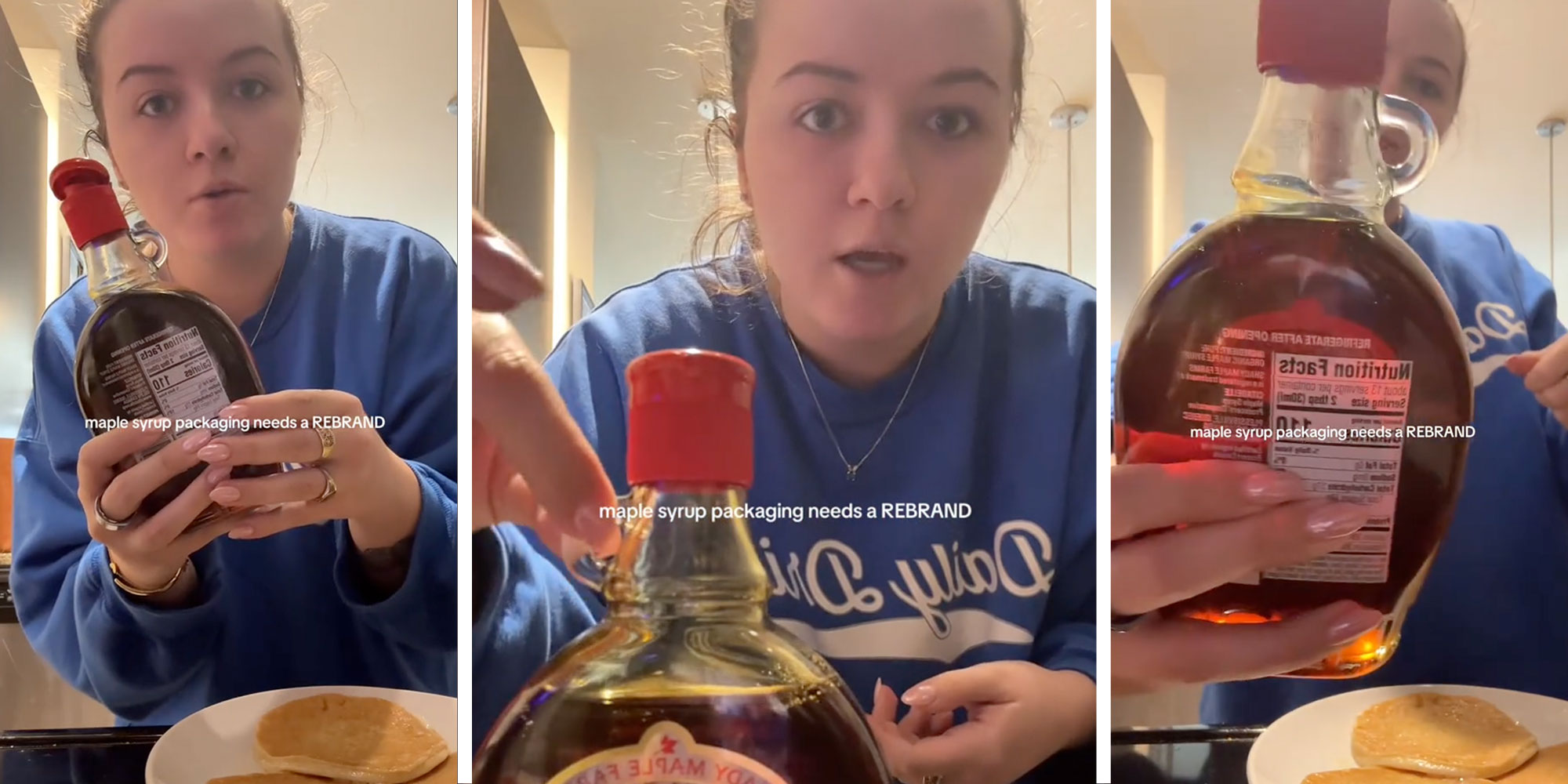 Three images of @qster14's Tiktok with the caption "maple syrup packaging needs a REBRAND"