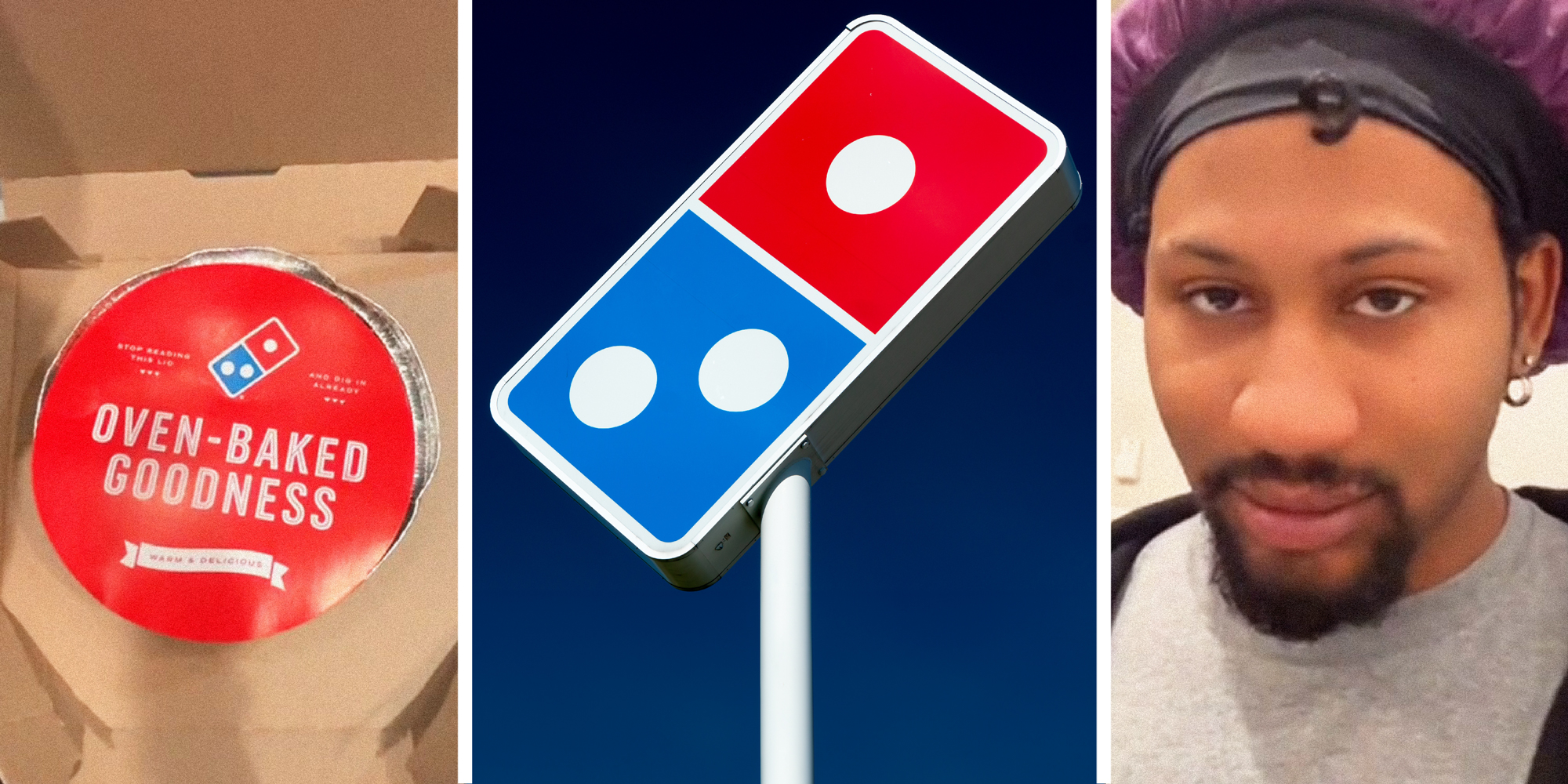 3 panel image: left: a Domino's delivery, middle: a Domino's Pizza sign, and on the right: a person looks into the camera.