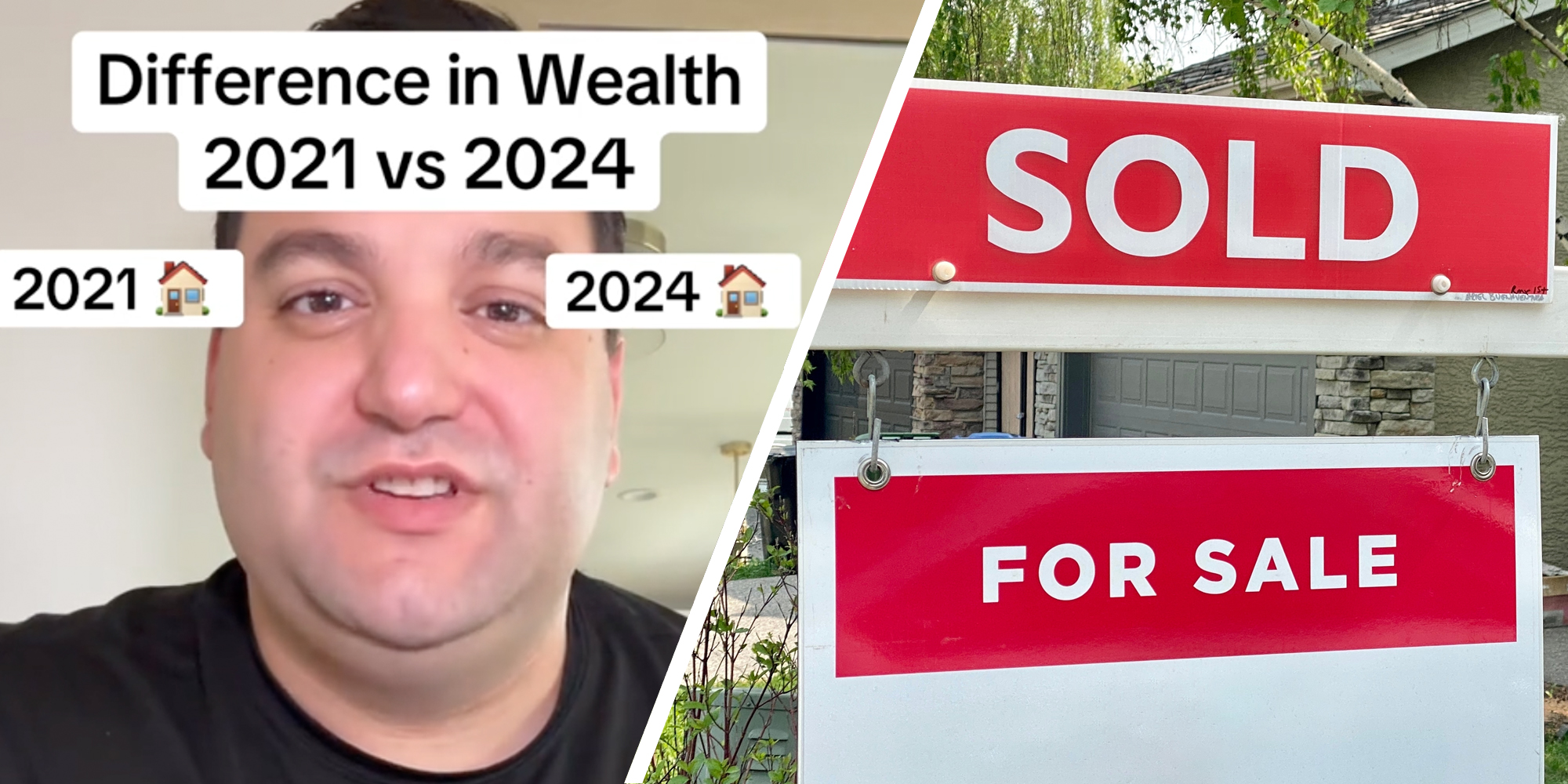 Man talking with text "Difference in Wealth 2021 vs 2024"(l), For sale sign with sold on top(r)