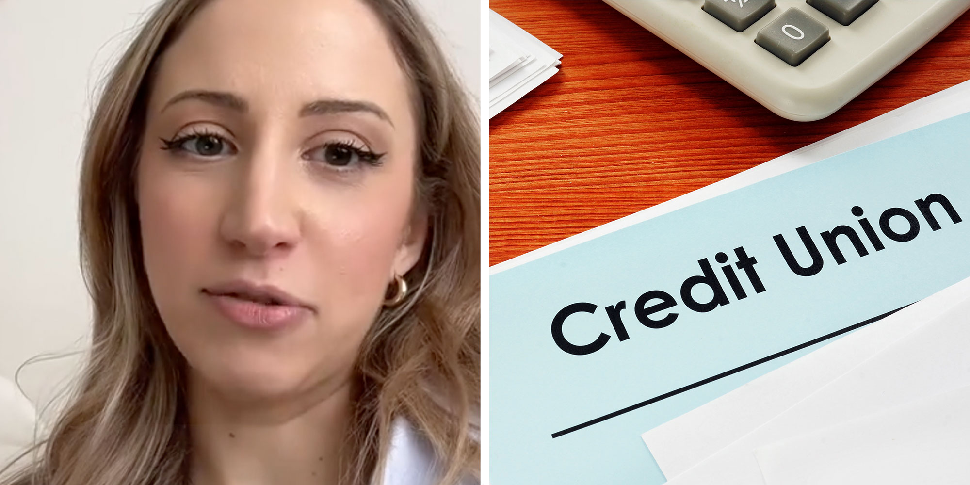 Two panel design with a woman looking and talking at the camera, next to an image of a desk with the words "Credit Union" on a piece of paper